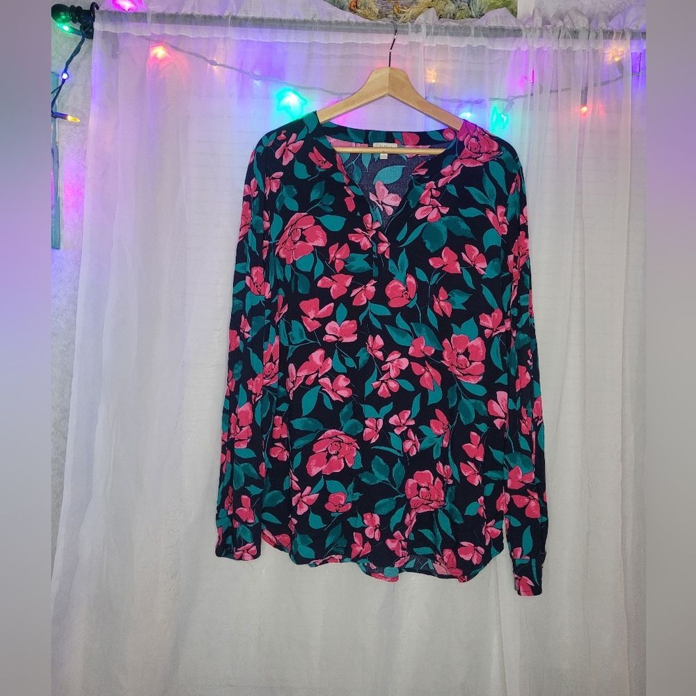 Tallbots Floral Long Sleeve Tunic Blouse Womens Size Large Rayon Pink Green